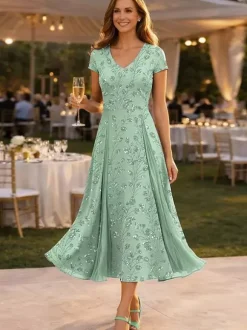 Party Dress For Mother Of The Bride V-Neck 3/4 Length Sleeves Short Lace Tea-Length Wedding Guest Dresses