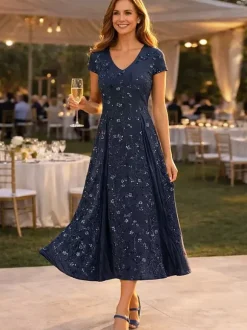Party Dress For Mother Of The Bride V-Neck 3/4 Length Sleeves Short Lace Tea-Length Wedding Guest Dresses