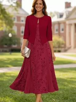 Party Dress For Mother Of The Bride V-Neck 3/4 Length Sleeves Short Lace Tea-Length Wedding Guest Dresses
