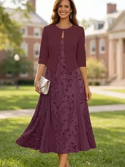 Party Dress For Mother Of The Bride V-Neck 3/4 Length Sleeves Short Lace Tea-Length Wedding Guest Dresses