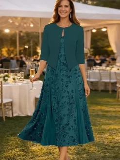 Party Dress For Mother Of The Bride V-Neck 3/4 Length Sleeves Short Lace Tea-Length Wedding Guest Dresses