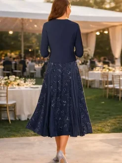 Party Dress For Mother Of The Bride V-Neck 3/4 Length Sleeves Short Lace Tea-Length Wedding Guest Dresses