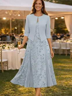 Party Dress For Mother Of The Bride V-Neck 3/4 Length Sleeves Short Lace Tea-Length Wedding Guest Dresses