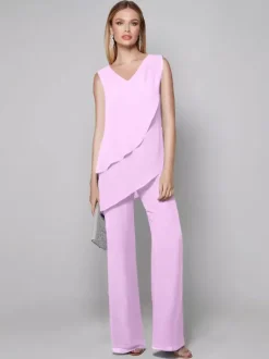 Party Dress For Mother Of The Bride V-Neck Sleeveless Jumpsuit Floor-Length Guest Dresses For Wedding
