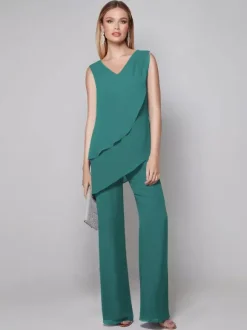 Party Dress For Mother Of The Bride V-Neck Sleeveless Jumpsuit Floor-Length Guest Dresses For Wedding