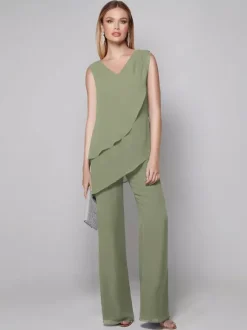 Party Dress For Mother Of The Bride V-Neck Sleeveless Jumpsuit Floor-Length Guest Dresses For Wedding