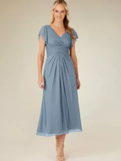 Party Dress For Mother Of The Bride V-Neck Short Sleeves A-Line Pleated Tea-Length Wedding Guest Dresses
