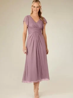Party Dress For Mother Of The Bride V-Neck Short Sleeves A-Line Pleated Tea-Length Wedding Guest Dresses