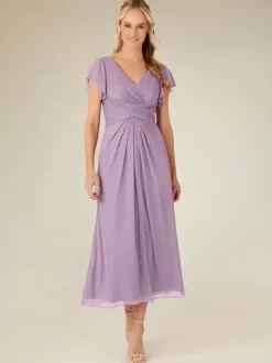 Party Dress For Mother Of The Bride V-Neck Short Sleeves A-Line Pleated Tea-Length Wedding Guest Dresses