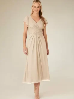 Party Dress For Mother Of The Bride V-Neck Short Sleeves A-Line Pleated Tea-Length Wedding Guest Dresses