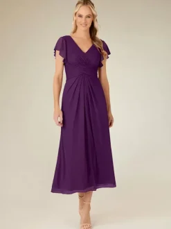 Party Dress For Mother Of The Bride V-Neck Short Sleeves A-Line Pleated Tea-Length Wedding Guest Dresses