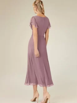Party Dress For Mother Of The Bride V-Neck Short Sleeves A-Line Pleated Tea-Length Wedding Guest Dresses