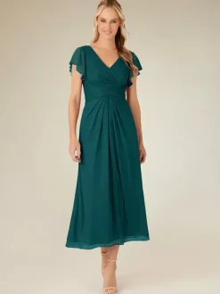 Party Dress For Mother Of The Bride V-Neck Short Sleeves A-Line Pleated Tea-Length Wedding Guest Dresses