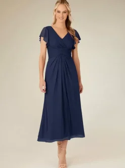 Party Dress For Mother Of The Bride V-Neck Short Sleeves A-Line Pleated Tea-Length Wedding Guest Dresses