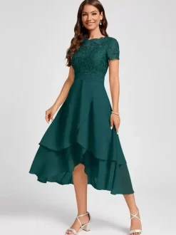 Party Dress For Mother Of The Bride Jewel Neck Short Sleeves A-Line Asymmetrical Guest Dresses For Wedding
