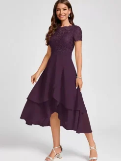 Party Dress For Mother Of The Bride Jewel Neck Short Sleeves A-Line Asymmetrical Guest Dresses For Wedding