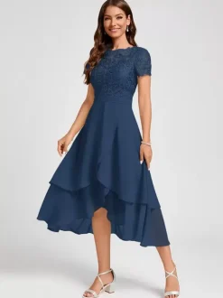 Party Dress For Mother Of The Bride Jewel Neck Short Sleeves A-Line Asymmetrical Guest Dresses For Wedding