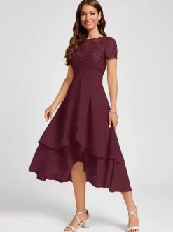 Party Dress For Mother Of The Bride Jewel Neck Short Sleeves A-Line Asymmetrical Guest Dresses For Wedding