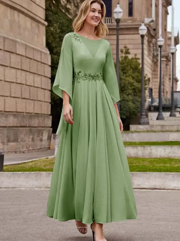 Party Dress For Mother Of The Bride Jewel Neck Half Sleeves A-Line Ankle-Length Wedding Guest Dresses