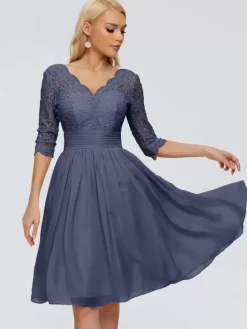 Party Dress For Mother Of The Bride V-Neck Half Sleeves Short Lace Knee-Length Wedding Guest Dresses