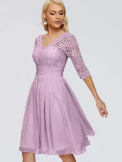 Party Dress For Mother Of The Bride V-Neck Half Sleeves Short Lace Knee-Length Wedding Guest Dresses