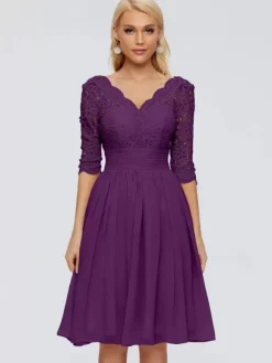 Party Dress For Mother Of The Bride V-Neck Half Sleeves Short Lace Knee-Length Wedding Guest Dresses