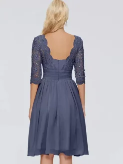 Party Dress For Mother Of The Bride V-Neck Half Sleeves Short Lace Knee-Length Wedding Guest Dresses