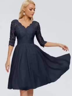 Party Dress For Mother Of The Bride V-Neck Half Sleeves Short Lace Knee-Length Wedding Guest Dresses