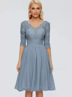 Party Dress For Mother Of The Bride V-Neck Half Sleeves Short Lace Knee-Length Wedding Guest Dresses