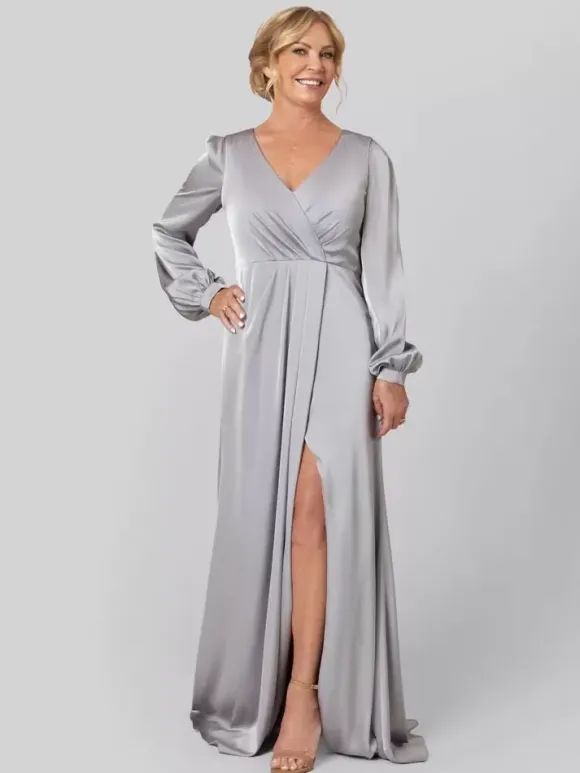 Party Dress For Mother Of The Bride V-Neck Long Sleeves A-Line Pleated With Train Guest Dresses For Wedding