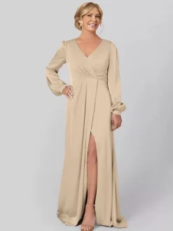 Party Dress For Mother Of The Bride V-Neck Long Sleeves A-Line Pleated With Train Guest Dresses For Wedding