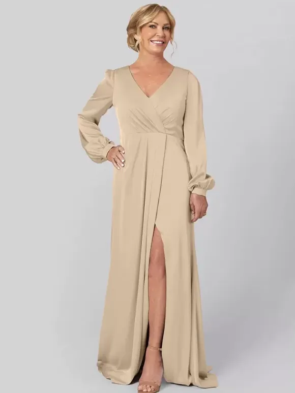 Party Dress For Mother Of The Bride V-Neck Long Sleeves A-Line Pleated With Train Guest Dresses For Wedding