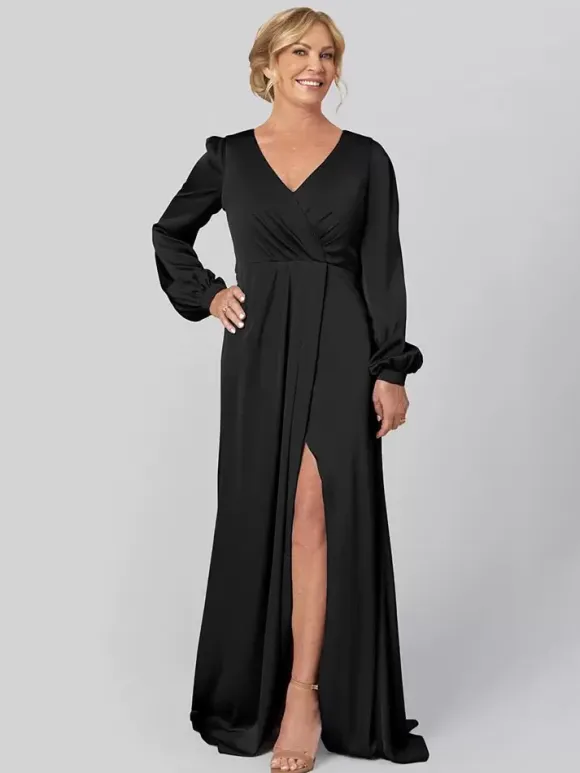 Party Dress For Mother Of The Bride V-Neck Long Sleeves A-Line Pleated With Train Guest Dresses For Wedding