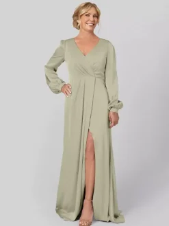 Party Dress For Mother Of The Bride V-Neck Long Sleeves A-Line Pleated With Train Guest Dresses For Wedding