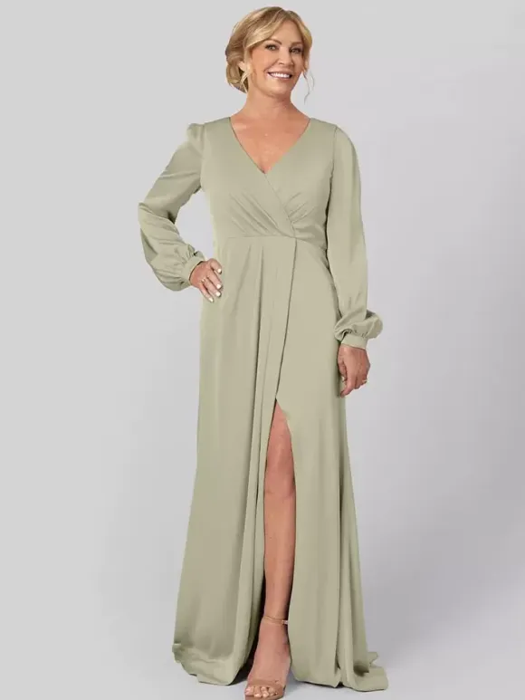 Party Dress For Mother Of The Bride V-Neck Long Sleeves A-Line Pleated With Train Guest Dresses For Wedding