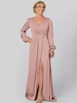Party Dress For Mother Of The Bride V-Neck Long Sleeves A-Line Pleated With Train Guest Dresses For Wedding
