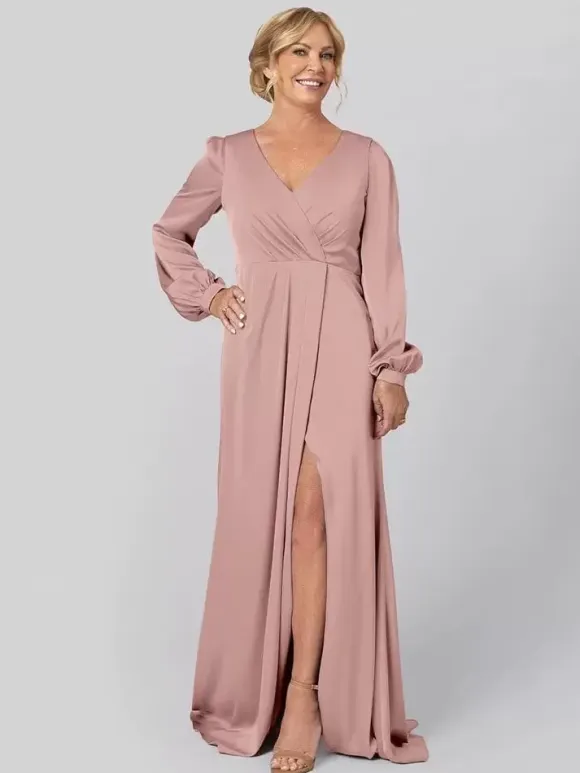 Party Dress For Mother Of The Bride V-Neck Long Sleeves A-Line Pleated With Train Guest Dresses For Wedding