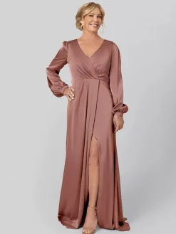 Party Dress For Mother Of The Bride V-Neck Long Sleeves A-Line Pleated With Train Guest Dresses For Wedding