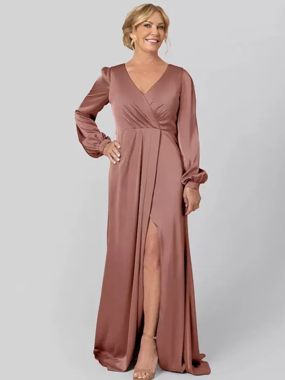 Party Dress For Mother Of The Bride V-Neck Long Sleeves A-Line Pleated With Train Guest Dresses For Wedding