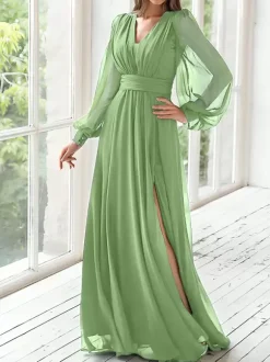 Party Dress For Mother Of The Bride V-Neck Long Sleeves A-Line Pleated Guest Dresses For Wedding