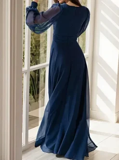 Party Dress For Mother Of The Bride V-Neck Long Sleeves A-Line Pleated Guest Dresses For Wedding