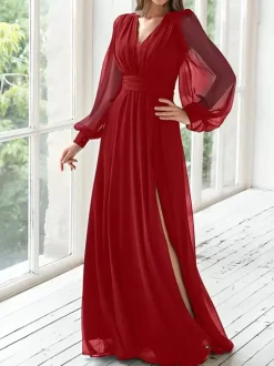Party Dress For Mother Of The Bride V-Neck Long Sleeves A-Line Pleated Guest Dresses For Wedding