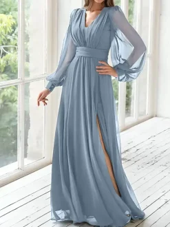 Party Dress For Mother Of The Bride V-Neck Long Sleeves A-Line Pleated Guest Dresses For Wedding