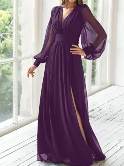 Party Dress For Mother Of The Bride V-Neck Long Sleeves A-Line Pleated Guest Dresses For Wedding