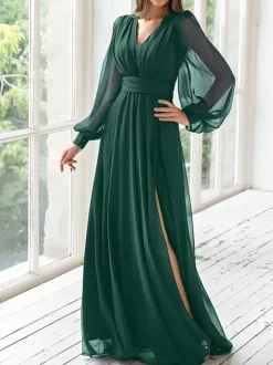 Party Dress For Mother Of The Bride V-Neck Long Sleeves A-Line Pleated Guest Dresses For Wedding
