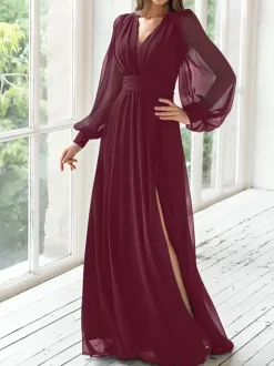 Party Dress For Mother Of The Bride V-Neck Long Sleeves A-Line Pleated Guest Dresses For Wedding