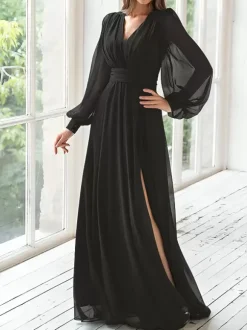 Party Dress For Mother Of The Bride V-Neck Long Sleeves A-Line Pleated Guest Dresses For Wedding