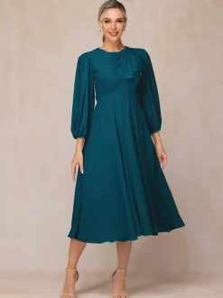 Party Dress For Mother Of The Bride Jewel Neck 3/4 Length Sleeves A-Line Bows Guest Dresses For Wedding