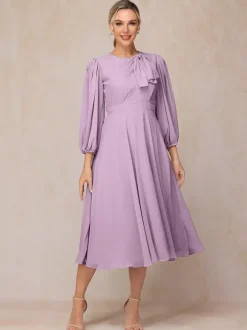 Party Dress For Mother Of The Bride Jewel Neck 3/4 Length Sleeves A-Line Bows Guest Dresses For Wedding
