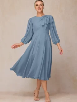 Party Dress For Mother Of The Bride Jewel Neck 3/4 Length Sleeves A-Line Bows Guest Dresses For Wedding